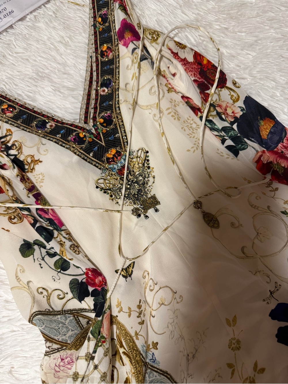Camilla Cream Floral Tie-Waist Tiered Sundress 100% silk - Picture 7 of 7